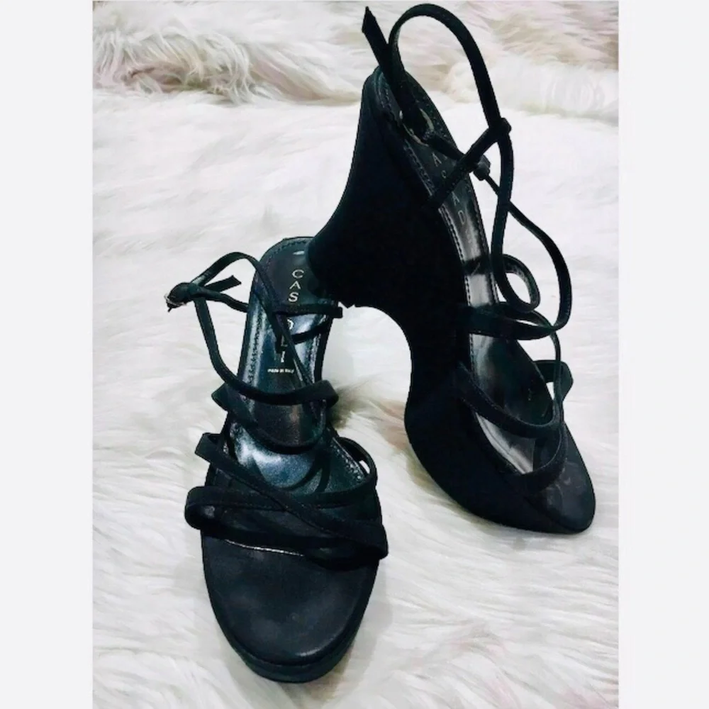 Casadei Platform Wedge Sandals 6.5 Leather Chunky Strappy Black Luxury Gen Z